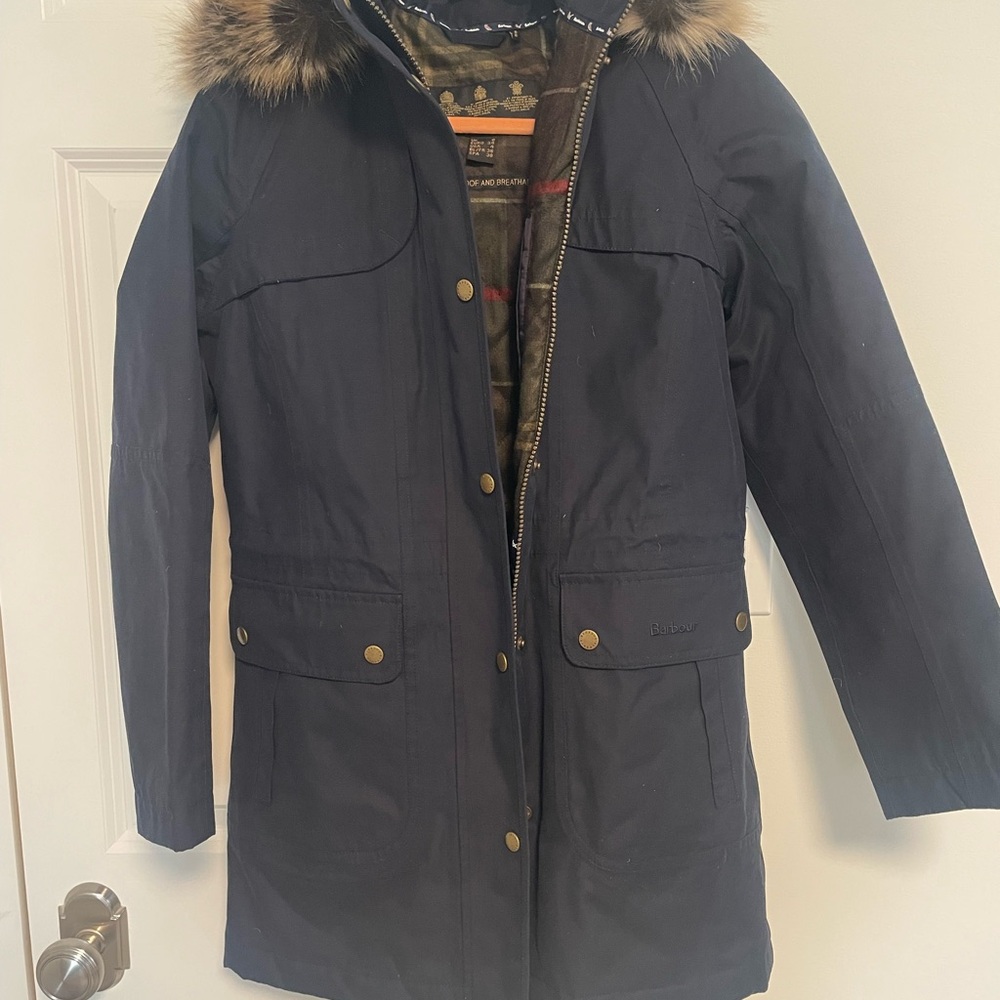 Barbour Waterproof Plaid Jacket w Detachable Fur Hood